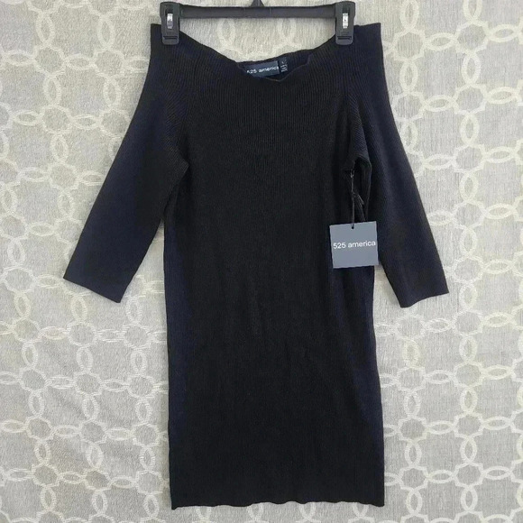 NWT 525 America Off Shoulder Ribbed Mini Sweater Dress Black L - Picture 4 of 11